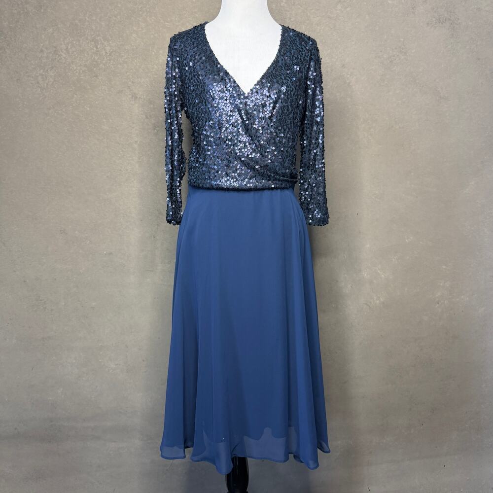 Marina Navy Sequin Formal Dress V Neck Chiffon Evening Gown Size 8